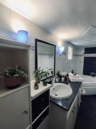 a bathroom with a sink and a toilet and a mirror at Theros Seaside House - Volos in Marathos
