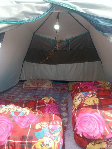 a tent with two beds in front of it at Kedarnath Camps House in Kedārnāth