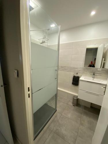 une salle de bain avec une douche en verre et un lavabo dans l'établissement Spacious 2 BR 1 block from beaches - and the TRAM, à Nice