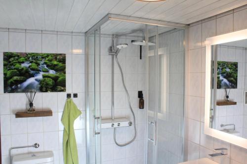 Koupelna v ubytování Seperates Ferienhaus Bachhäusle auf dem Hasenhof mit eigener Terrasse mit Grill, Kachelofen, WLAN