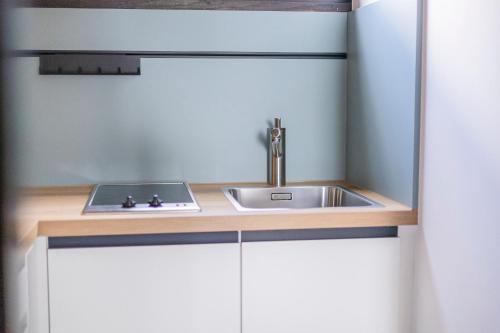 une cuisine avec un évier et un comptoir dans l'établissement Ferienwohnpark Immenstaad am Bodensee Nurdachhaus Typ 7 ND 50, à Immenstaad am Bodensee