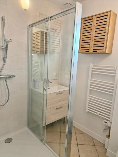 une salle de bain avec douche et lavabo dans l'établissement La Villa de Cormes-Écluses, à Corme-Écluse