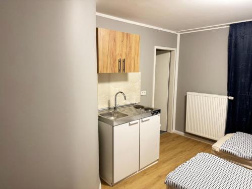 Una pequeña cocina con fregadero en una habitación. en Upscale Apartments in Bergisch Gladbach, en Bergisch Gladbach