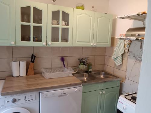 a kitchen with green cabinets and a sink at Enjoy the silence in Rezi