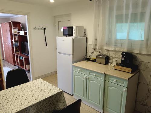 a kitchen with a white refrigerator and a microwave at Enjoy the silence in Rezi