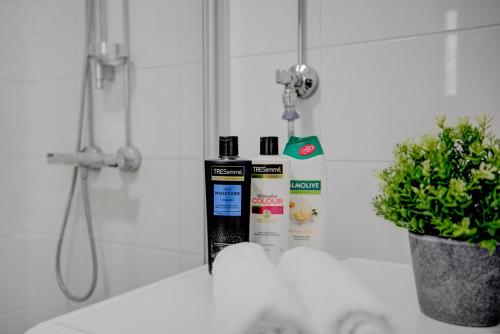 a bathroom sink with a bottle of shampoo and a plant at Modern and Stylish 1BR with Balcony and City View in Helsinki