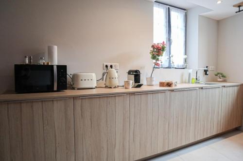 une cuisine avec un comptoir avec un micro-ondes dans l'établissement LOVE ROOM Love and Spa, Nature and Rest, à Wentzwiller