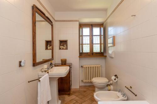 カステルヌオーヴォ・ディ・ヴァル・ディ・チェーチナにあるPodere le Roteの洗面台、トイレ、鏡のあるバスルーム