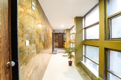 a hallway with green walls and a potted plant at FabHotel Relax - opp Hotel Leela in Gandhinagar