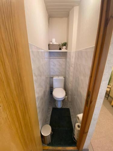 a small bathroom with a toilet in a room at 3 kambarių butas pirmame aukšte in Mažeikiai