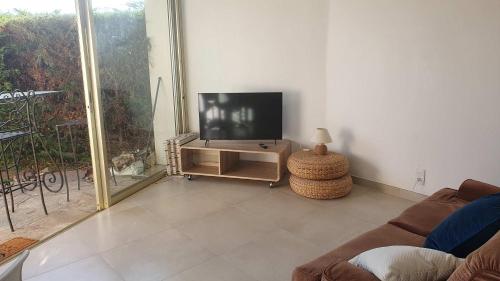 un salon avec une télévision à écran plat sur un meuble dans l'établissement B084-Confort et serenite piscine et stationnement, à Cannes