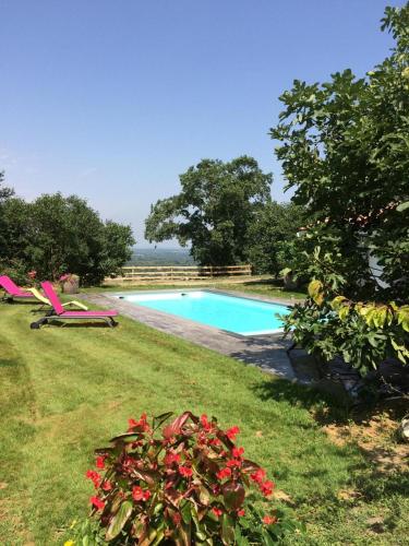 - une piscine dans une cour agrémentée de chaises et de fleurs dans l'établissement Gîte Le Ménicou, à Montaut