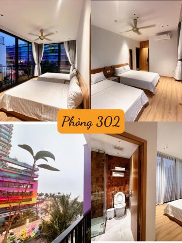 a collage of three pictures of a hotel room at Flamingo1 Ibiza Hai Tien in Nam Khê