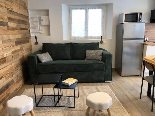 - un salon avec un canapé vert et un réfrigérateur dans l'établissement L'Appart', à Chambon-sur-Lac
