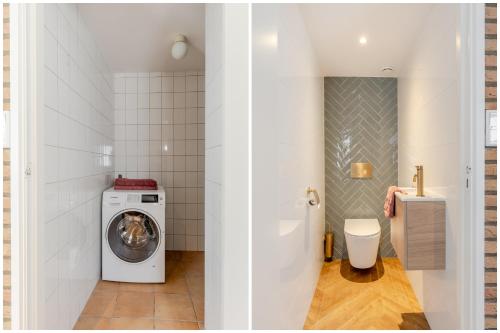 a bathroom with a washing machine and a toilet at Duin & Daal in Helvoirt