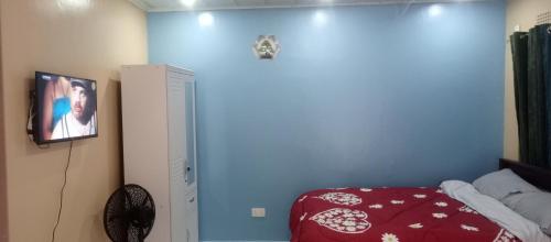 a bedroom with a blue wall with a bed and a tv at ELB Kwacha lodge in Mpemba