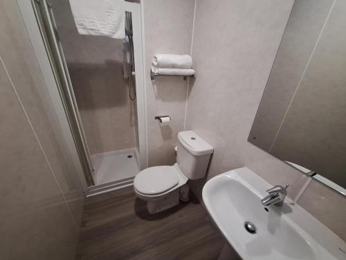 a bathroom with a toilet and a sink and a shower at Stockwood Hotel - Luton Airport in Luton
