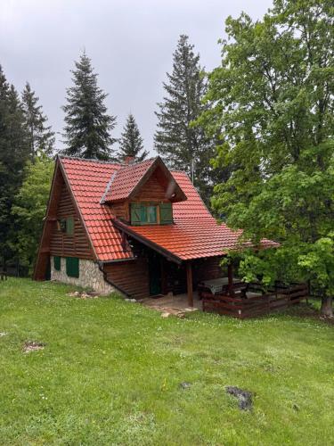 a house with a red roof in a field at Čarobna kućica in Mitrovac