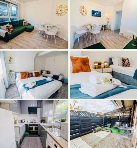 a collage of photos of a bedroom and a living room at Business Leisure Near Canary Wharf Free Parking in London