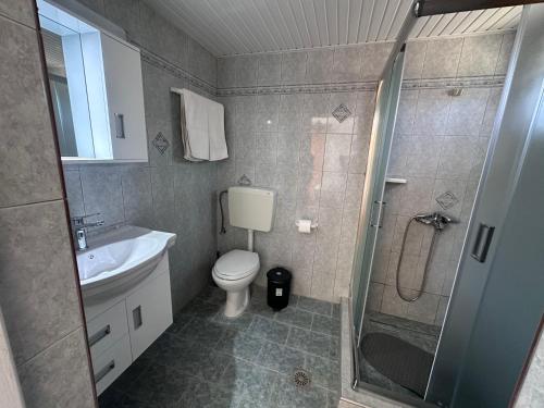 a bathroom with a toilet and a shower and a sink at Dionysia Studios in Kefalos
