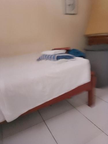 Bett in einem Zimmer mit weißem Boden in der Unterkunft Evsam in Belém