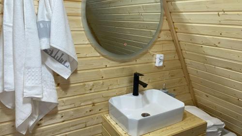 a bathroom with a sink and a mirror at Kolsay Aframe Vibes in Saty