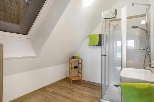 a bathroom with a shower and a sink at Waldsuite in Friedrichshafen