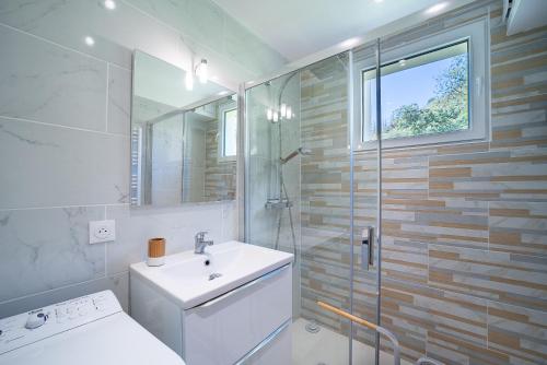 une salle de bain avec un lavabo et une douche en verre dans l'établissement Le Cocon Thermal - Climatisé vue montagne, à Amélie-les-Bains-Palalda