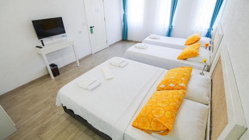 two beds in a small room with a television at Limonata Bozcaada ex Vina Garden in Bozcaada