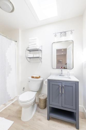 a bathroom with a toilet and a sink and a mirror at Oceanfront Coastal Home with Breathtaking Views Hiking Beaches & More in Moss Beach