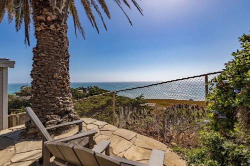 a palm tree and a bench next to a fence at Oceanfront Coastal Home with Breathtaking Views Hiking Beaches & More in Moss Beach