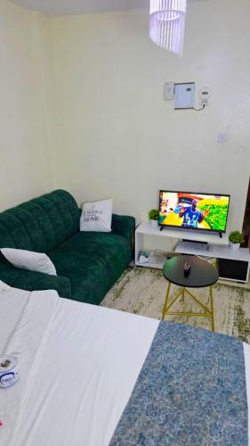 a living room with a green couch and a tv at Fully Furnished Studio Apt in Ruiru Membly, next to Drop n Shop Supermarket in Ruiru