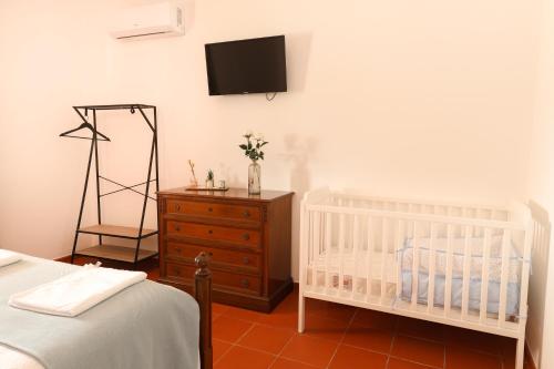a bedroom with a crib and a dresser with a tv on the wall at QUINTA das OLIVEIRAS COUNTRY HOUSE in Marinhais
