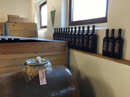 a table with a jar sitting on a table with bottles on a wall at Agriturismo Clochiatti in Povoletto