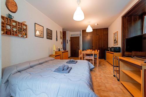 a bedroom with a large bed and a kitchen at Appartamento Pineta in Chiesa in Valmalenco