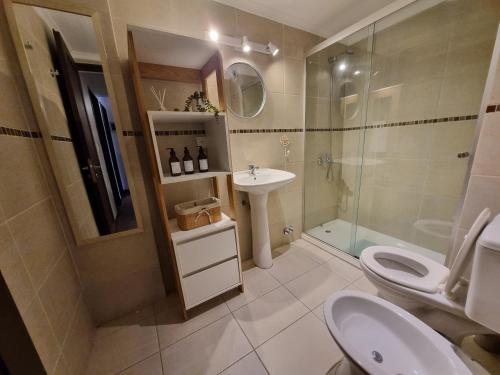 a bathroom with a toilet and a sink and a shower at Ruka 7- Andarlibre in San Martín de los Andes