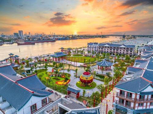 an aerial view of a marina at sunset at Vu'Stay in Binh Hai