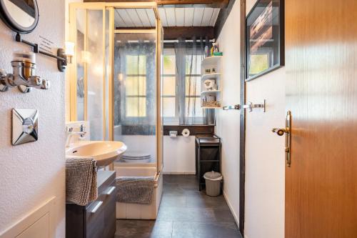 a small bathroom with a sink and a mirror at Fewo To Huus Pellworm in Pellworm