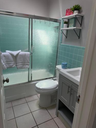 a bathroom with a shower and a toilet and a sink at Sea Crest in Sarasota