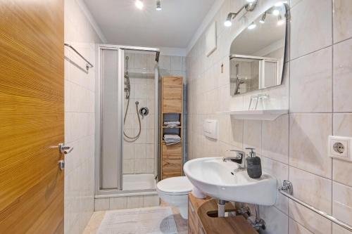 a bathroom with a sink and a toilet and a shower at Bauernhof Sackgut in Ciardes