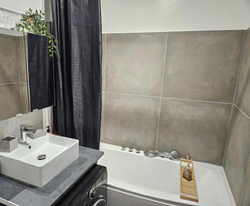 une salle de bain avec un lavabo et une baignoire et un lavabo dans l'établissement L'Atelier 9 - Hypercentre Rouen, à Rouen