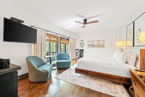 a bedroom with a bed and two chairs and a tv at Iris Inn and Cabins in Waynesboro