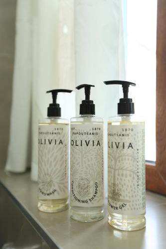 a group of three shampoo bottles sitting on a counter at Te Rrapi Rooms in Qeparoi i Sipërm