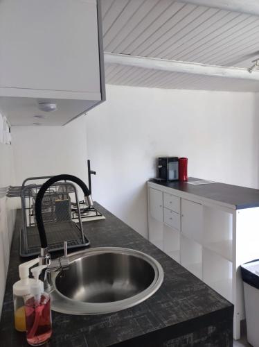 une cuisine avec un évier et un plan de travail dans l'établissement Les petits volets bleus, à Bouchet