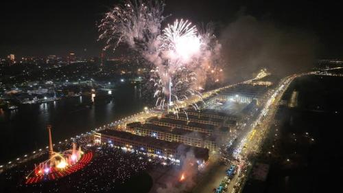 an aerial view of a fireworks show at night at Vu'Stay in Binh Hai