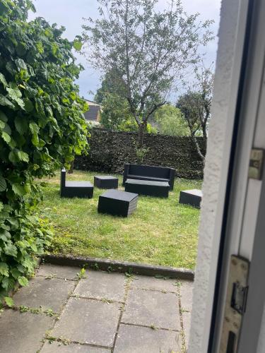 a group of benches sitting in the grass at Sunset Apartment mit Rheinblick in Urbar in Urbar-Mayen-Koblenz