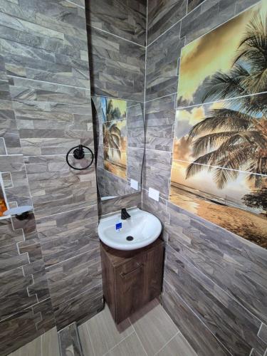 a bathroom with a sink and a painting on the wall at Casa de Char Girardot, Nariño Cundinamarca in Nariño