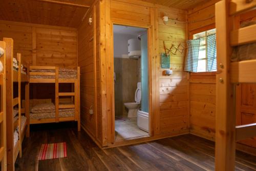 a cabin with a bunk bed and a toilet at Grand Tara Rafting Resort in Foča