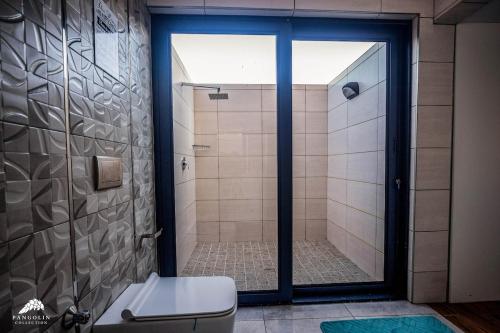 a bathroom with a shower with a toilet and a glass door at Twelve Tumbleweed, Cathkin Estates by Euphoric Leisure in Champagne Valley