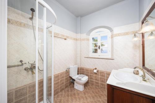 a bathroom with a toilet and a shower and a sink at Villa Emily in Ágios Stéfanos